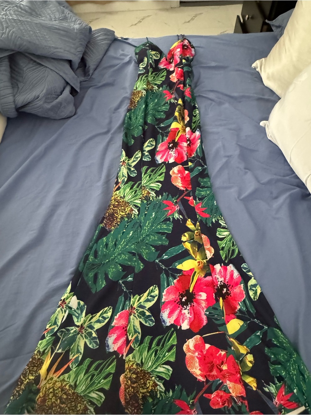 Tropical Floral Maxi Dress in Navy with Pink & Green Print